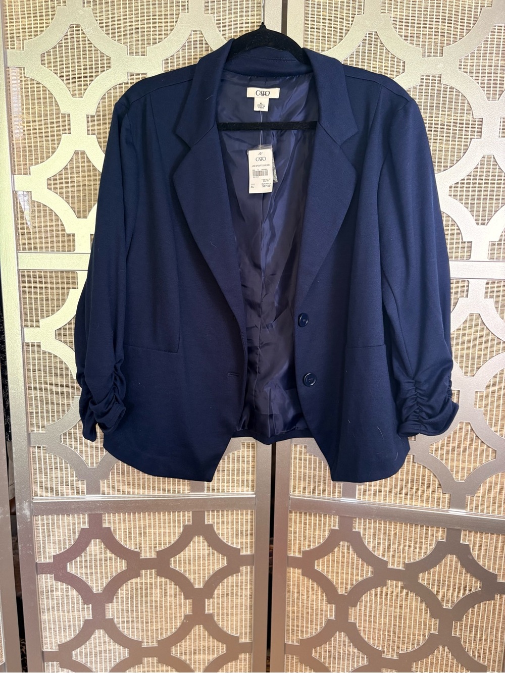 NWT Cato Navy Ruched-Sleeve Open-Front Blazer